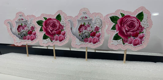 Tea Pot & Flowers Party Cupcake Toppers (Package of 12)