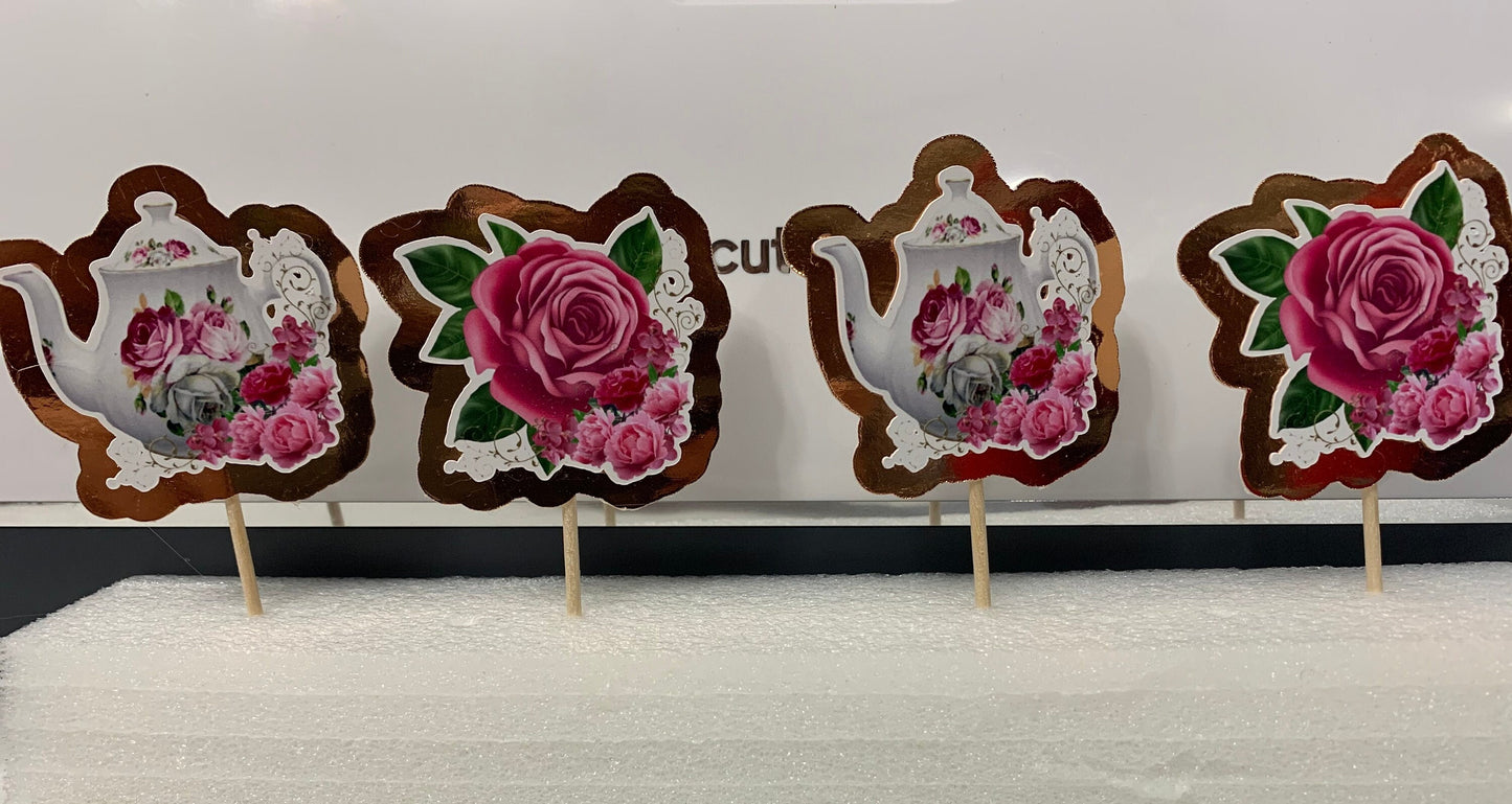 Tea Pot & Flowers Party Cupcake Toppers (Package of 12)