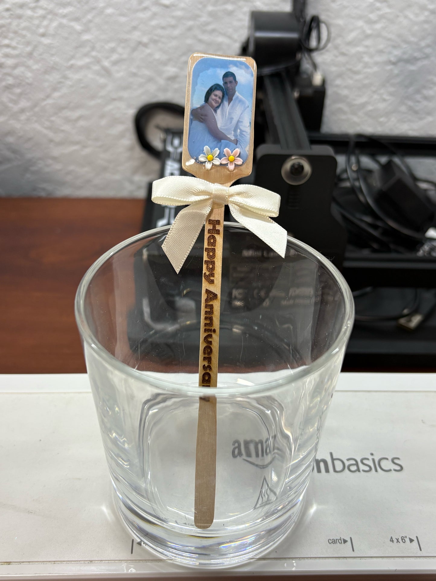 Eco-Friendly Custom Stirrers – Laser Engraved & Photo Personalized Drink Sticks with Elegant Satin Bow Keepsake