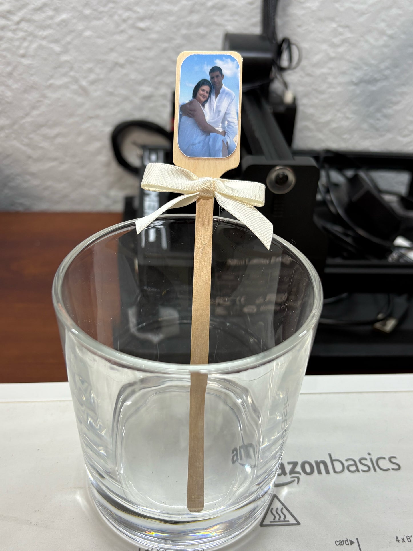 Eco-Friendly Custom Stirrers – Laser Engraved & Photo Personalized Drink Sticks with Elegant Satin Bow Keepsake