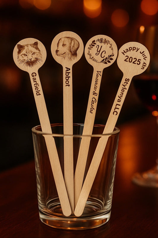 Custom Wooden Drink Stirrers – Eco-Friendly Engraved Cocktail Sticks – Sets of 25, 50, 100+