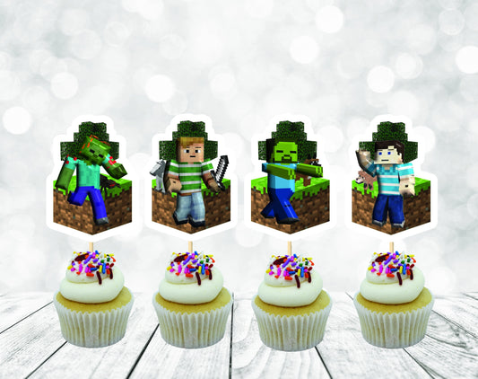 Gamer Boy Style MineC Cupcake Topper Decoration, Gamer Boy Style MineC Happy Birthday Party Decoration (package of 12)