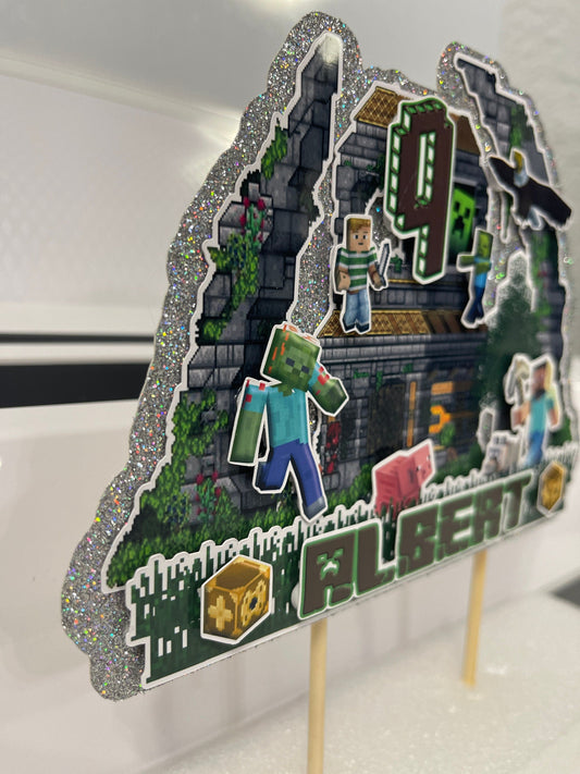 Gamer Boy Style MineC Cake Topper 3D Decoration, Gamer Boy Style MineC Happy Birthday Party Decoration Stylenya
