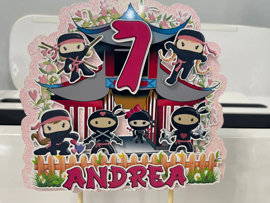 Cute Ninja Girls Cake Topper 3D Decoration, Ninja Girls Happy Birthday Party Decoration Stylenya