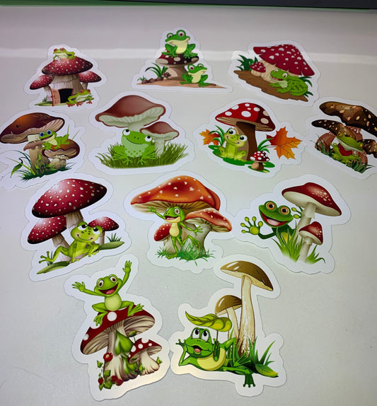 Mushrooms & Frogs Stickers Package, vinyl stickers for laptop and notebook: (12 pieces)