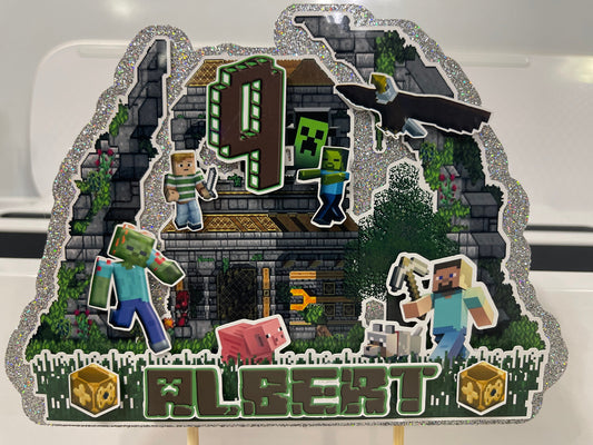 Gamer Boy Style MineC Cake Topper 3D Decoration, Gamer Boy Style MineC Happy Birthday Party Decoration
