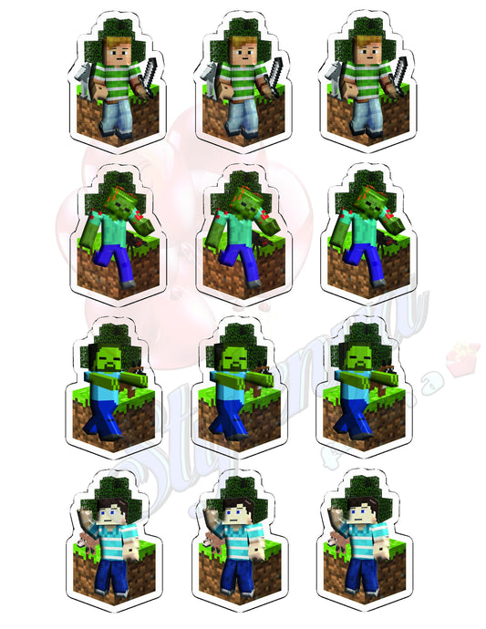 Gamer Boy Style Minecraft Happy Birthday Cupcake Toppers (package of 12) Digital Version, Printable