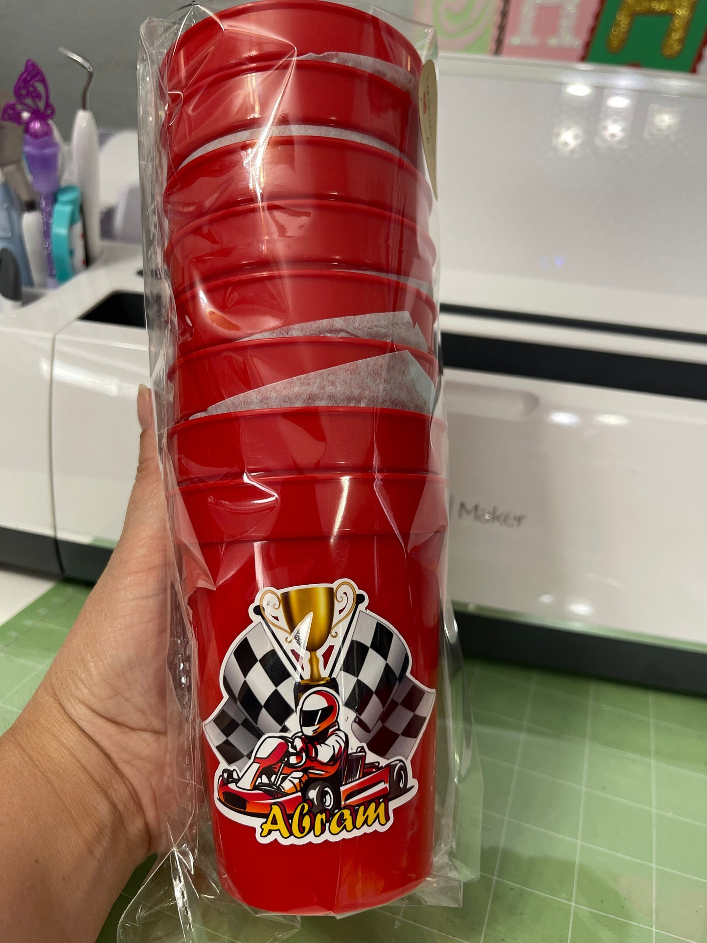 Red Plastic Stadium Cup for Racing Birthday Party for Boys (package of 8)
