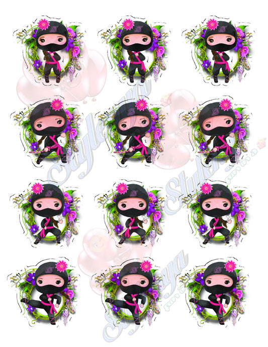 Ninja Girls Happy Birthday Cupcake Toppers (package of 12) Digital Version, Printable