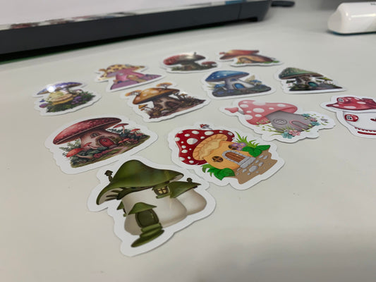 Cute Mushroom Homes Stickers Package, aesthetic gifts for any party, vinyl stickers for laptop and notebook: (12 pieces)
