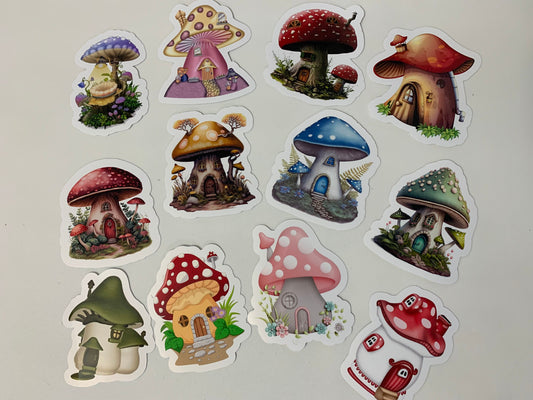 Cute Mushroom Homes Stickers Package, aesthetic gifts for any party, vinyl stickers for laptop and notebook: (12 pieces)