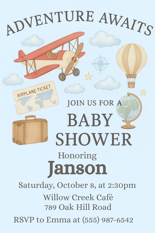 Aventure Await Invitation Card, Baby Shower Customized Invitation (Digital Download)