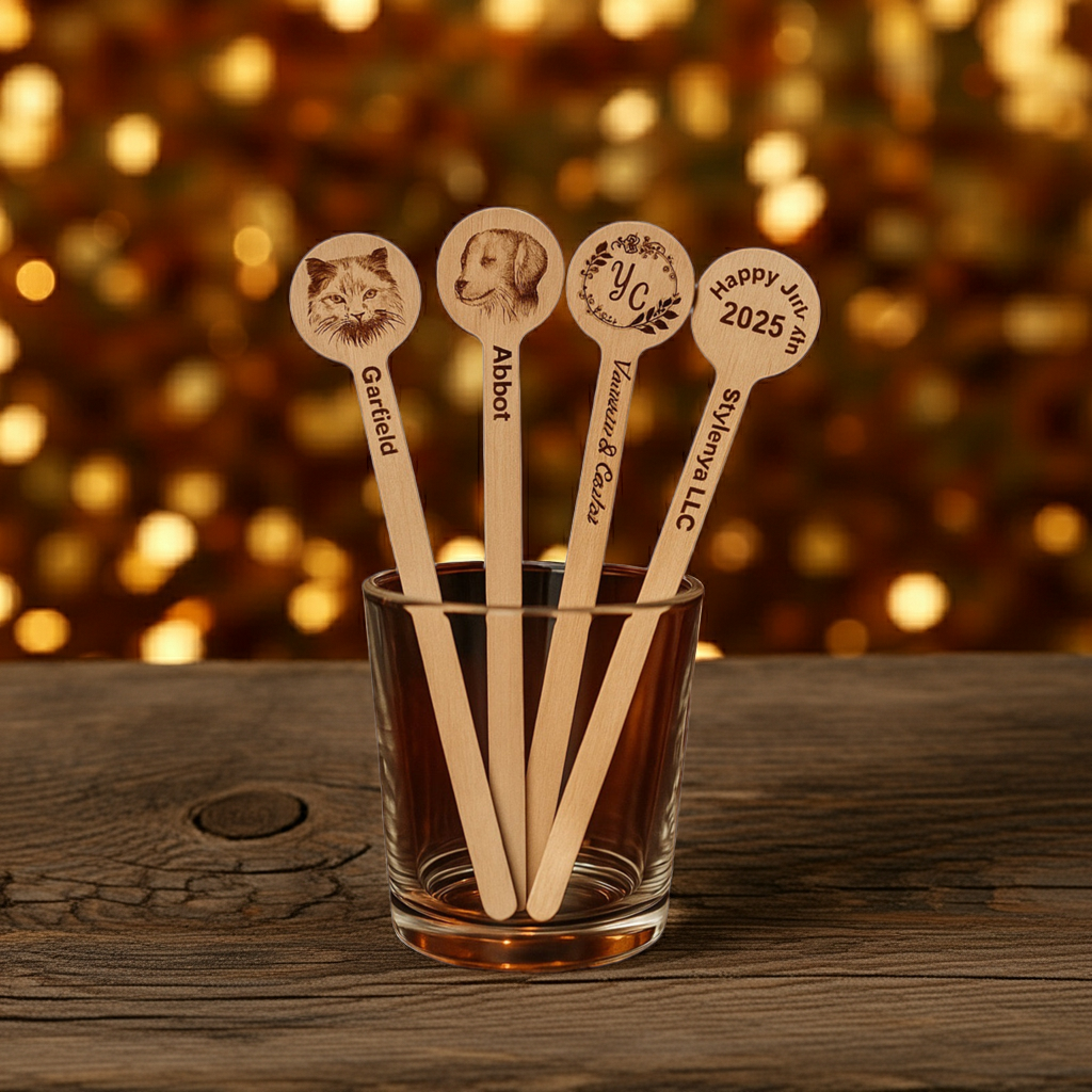 Custom Wooden Drink Stirrers – Eco-Friendly Engraved Cocktail Sticks – Sets of 25, 50, 100+ Stylenya