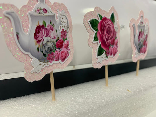 Tea Pot & Flowers Party Cupcake Toppers (Package of 12)