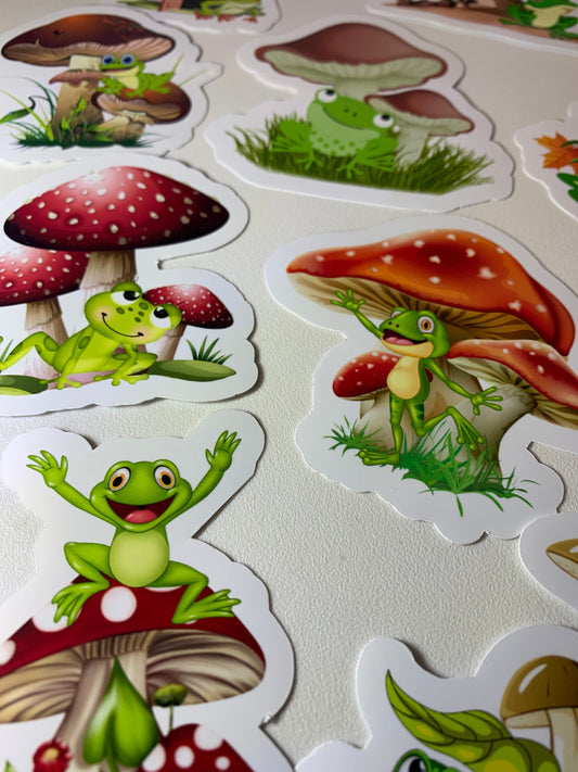 Mushrooms & Frogs Stickers Package, vinyl stickers for laptop and notebook: (12 pieces)