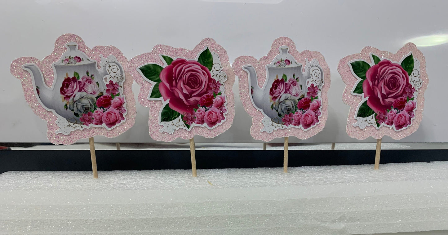 Tea Pot & Flowers Party Cupcake Toppers (Package of 12)