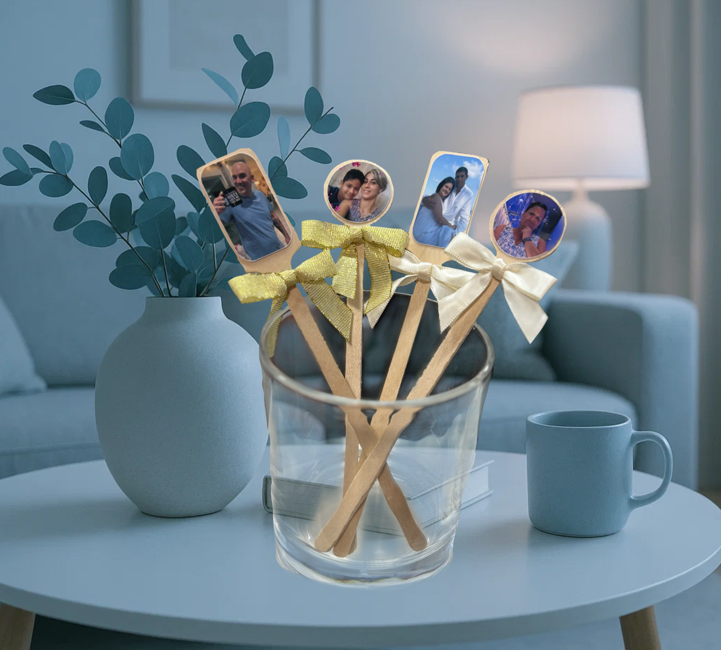 Eco-Friendly Custom Stirrers – Laser Engraved & Photo Personalized Drink Sticks with Elegant Satin Bow Keepsake