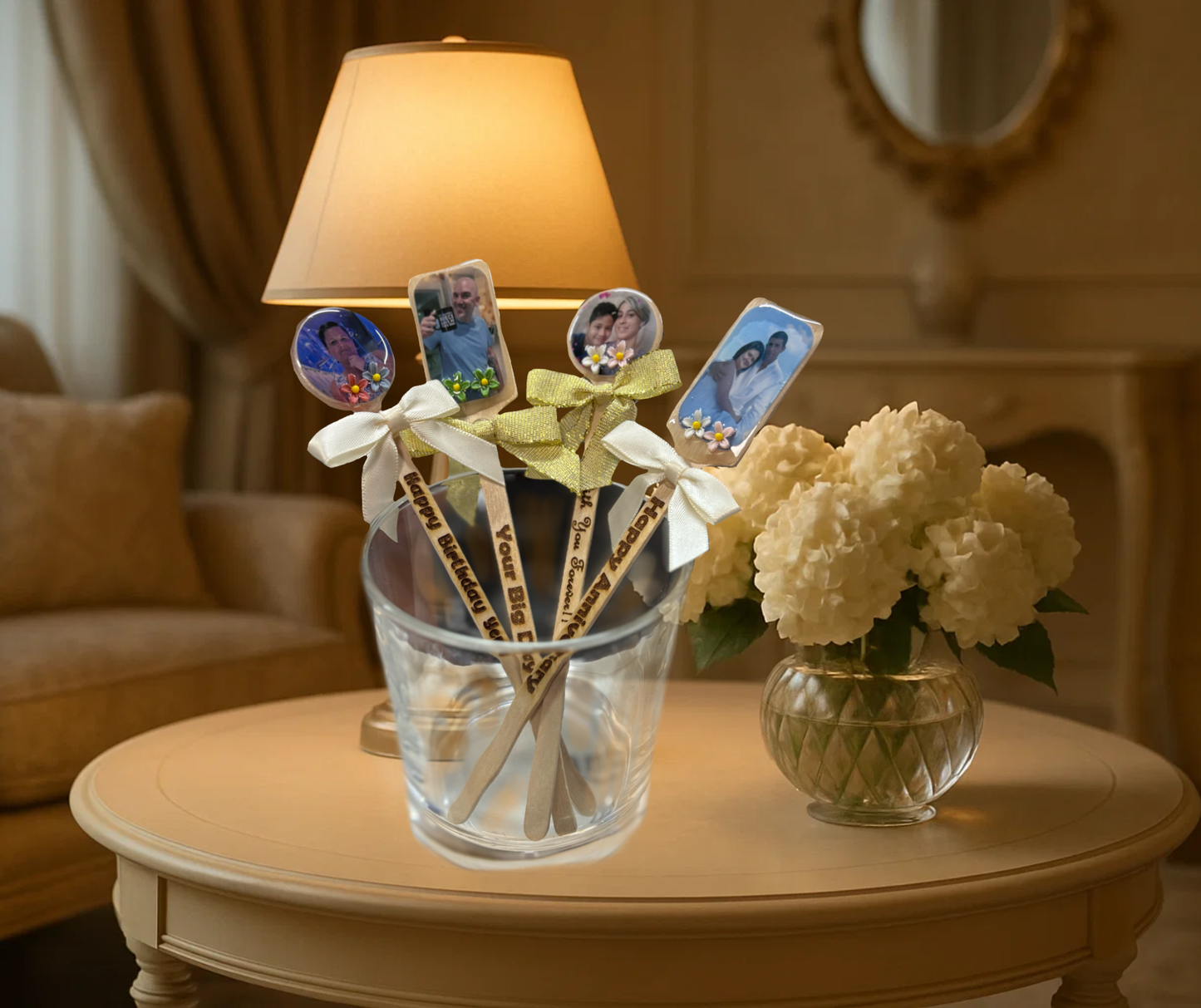 Eco-Friendly Custom Stirrers – Laser Engraved & Photo Personalized Drink Sticks with Elegant Satin Bow Keepsake