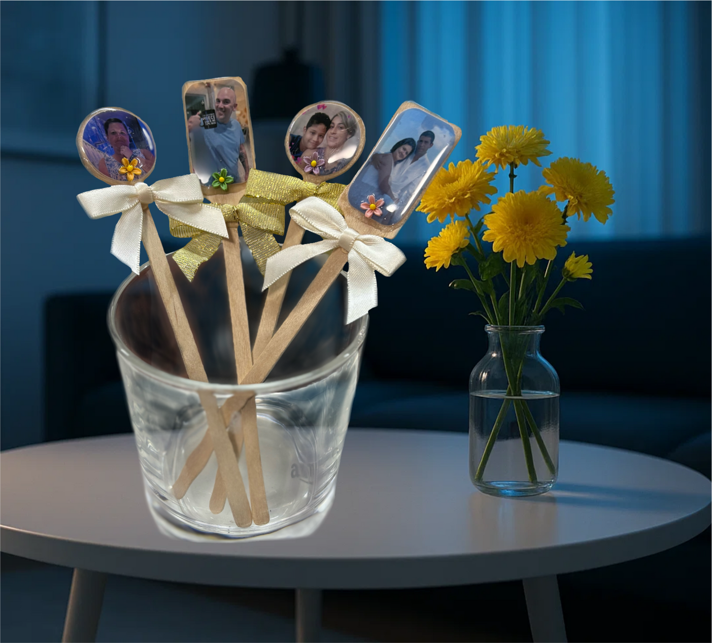 Eco-Friendly Custom Stirrers – Laser Engraved & Photo Personalized Drink Sticks with Elegant Satin Bow Keepsake