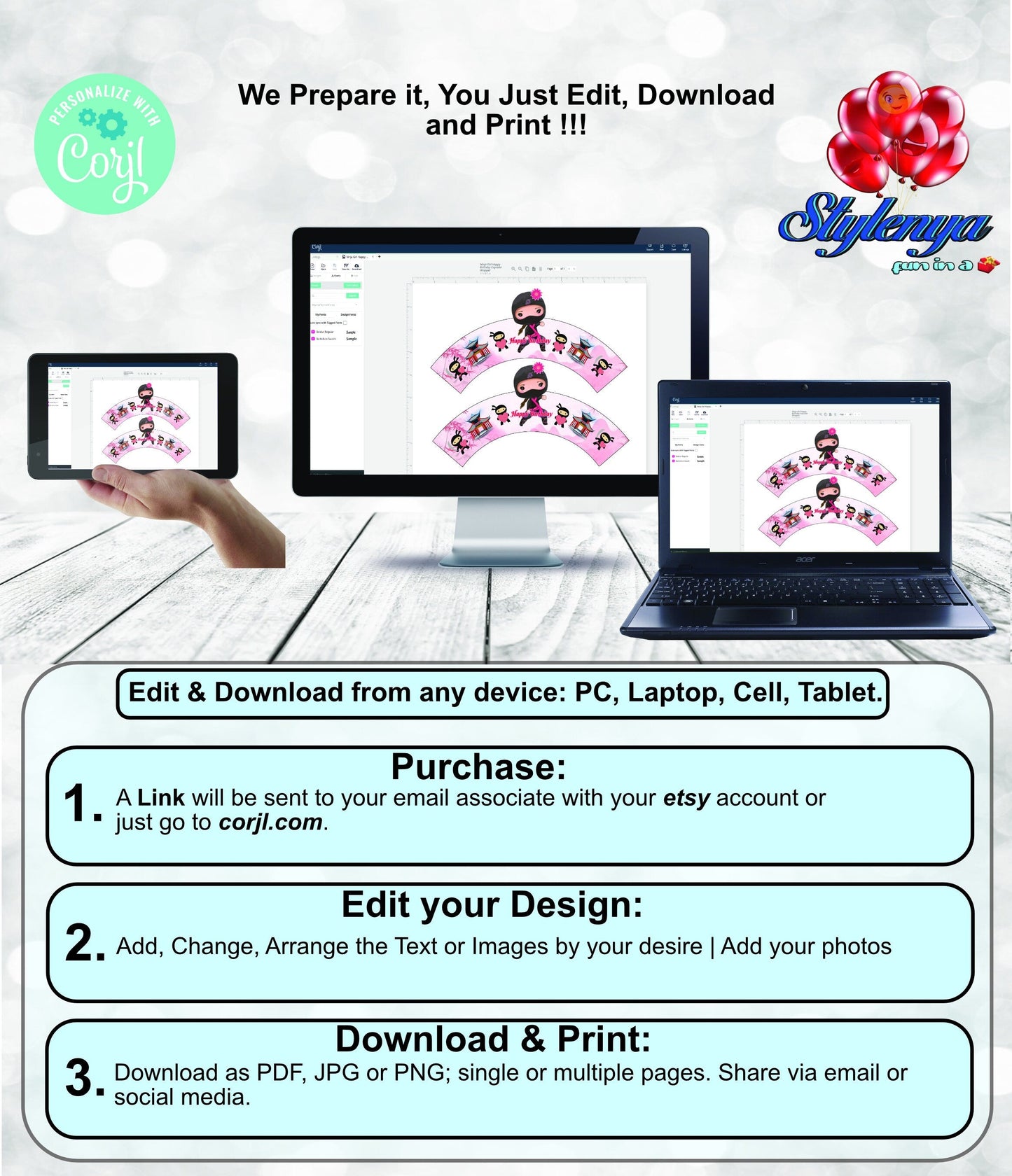 Ninja Girl Happy Birthday Cupcake Wrapper, Handmade Custom Cupcake Wrappers, Editable, Printable, Digital Download. Stylenya