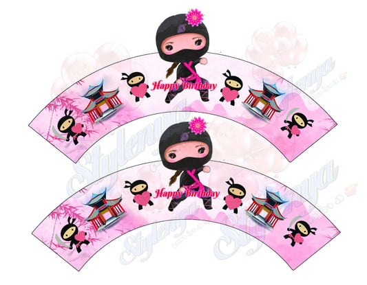 Ninja Girl Happy Birthday Cupcake Wrapper, Handmade Custom Cupcake Wrappers, Editable, Printable, Digital Download.