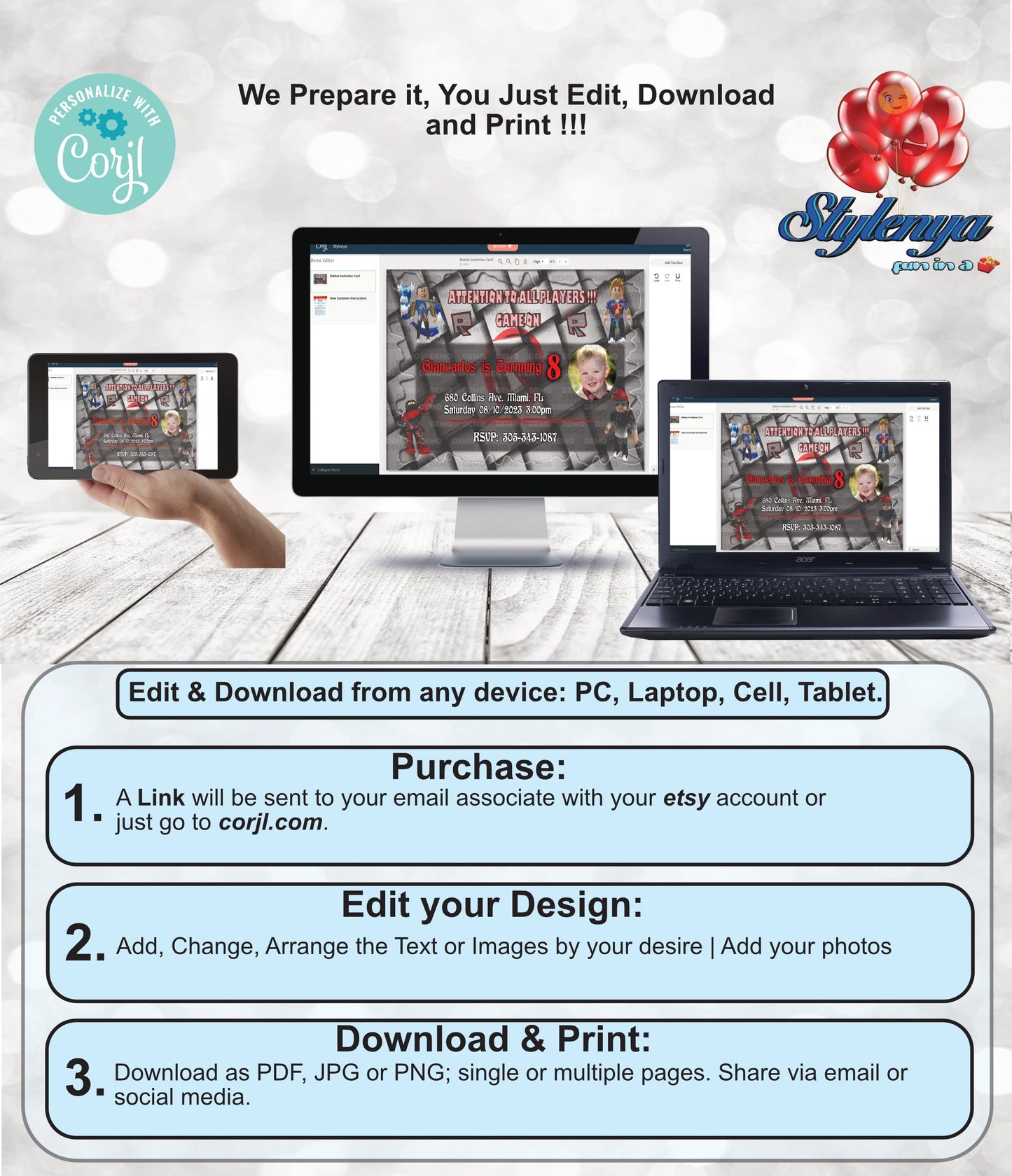 Editable and Printable Gamers Boy Happy Birthday Party Invitation Card, Digital Stylenya