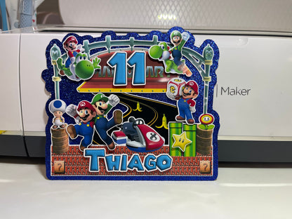 Gamer Boy Style Mario Cake Topper 3D Decoration, Gamer Boy Style Mario Happy Birthday Party Decoration