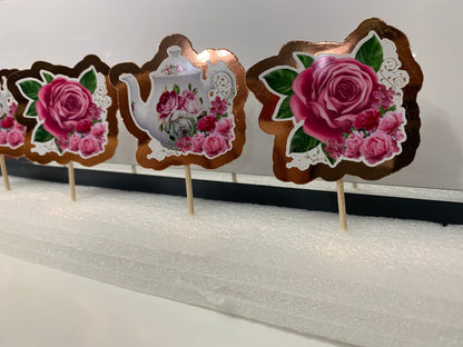 Tea Pot & Flowers Party Cupcake Toppers (Package of 12)