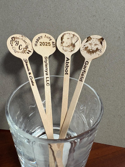 Custom Wooden Drink Stirrers – Eco-Friendly Engraved Cocktail Sticks – Sets of 25, 50, 100+