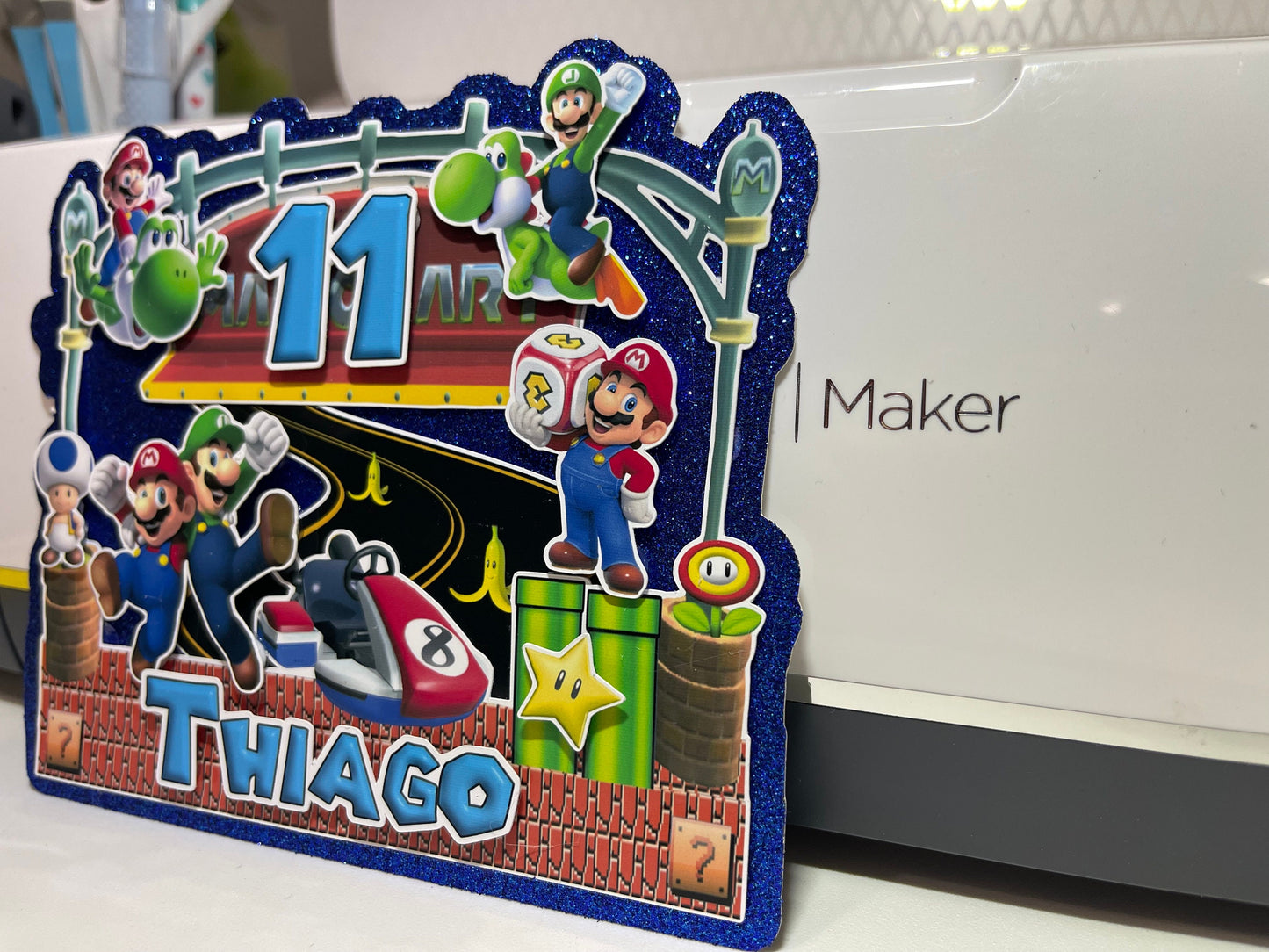 Gamer Boy Style Mario Cake Topper 3D Decoration, Gamer Boy Style Mario Happy Birthday Party Decoration