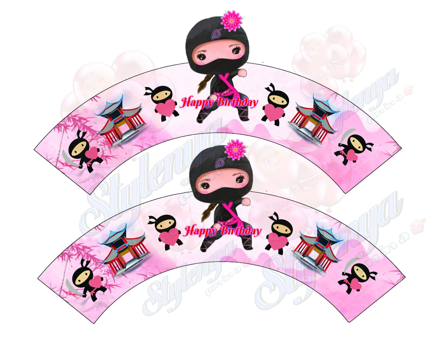 Ninja Girl Happy Birthday Cupcake Wrapper, Handmade Custom Cupcake Wrappers, Editable, Printable, Digital Download.